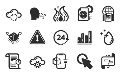 Water drop, Augmented reality and Cloud computing icons simple set. Project deadline, Graph chart and Fire energy signs. Cloud sync, Report and Click here symbols. Flat icons set. Vector