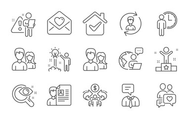 Fototapeta na wymiar Love letter, Dating chat and Couple line icons set. Human resources, Vision test and Job interview signs. Creative idea, Winner and Sharing economy symbols. Line icons set. Vector