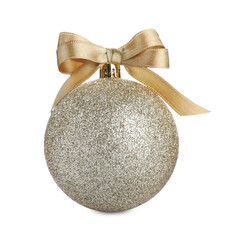 Beautiful golden Christmas ball with ribbon isolated on white