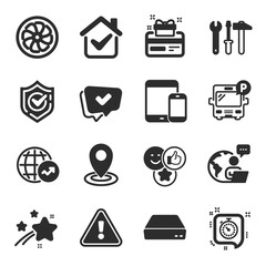 Set of Technology icons, such as Mini pc, Location, Timer symbols. Spanner tool, Confirmed, Loyalty card signs. Fan engine, Like, Approved. Bus parking, Mobile devices, World statistics. Vector