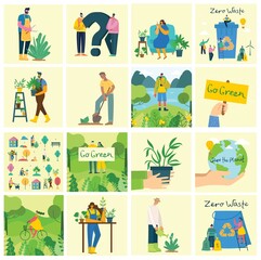 Fototapeta premium Vector set of village people with organic food, flowers and plants