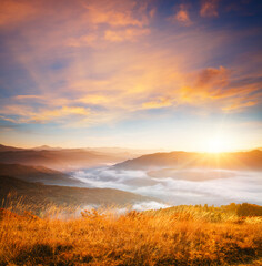 Fototapeta na wymiar Perfect morning moment in alpine valley. Location place of Carpathian mountains, Ukraine.