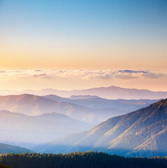 Vivid mountain range with visible silhouettes. Location place Carpathian mountains, Ukraine. - 386502652