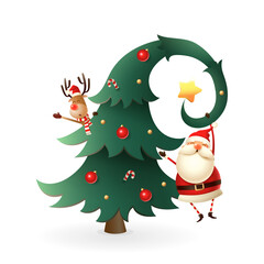 Funny Christmas card - Santa Claus and Reindeer on Christmas tree - vector illustration isolated on transparent background