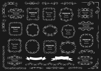 Calligraphic design elements . Decorative swirls or scrolls, vintage frames , flourishes, labels and dividers. Retro vector illustration.