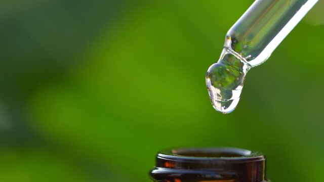 Drop of essential oil falls from a pipette into a cosmetic bottle, macro. Herbal essence dropping to dark glass on natural background