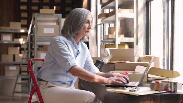 Older female dropshipping business owner using laptop talking on phone in warehouse. Mature woman seller entrepreneur checking online order selling on website confirming ecommerce shipping delivery.