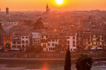Verona, view during sunset on the sights of the city. Details of houses and historical buildings of the old city