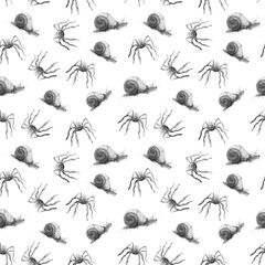 Seamless pattern with grey spiders and snails on white background, for Halloween