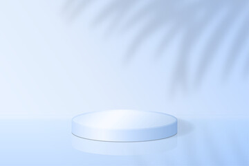 Realistic 3d round podium for product demonstration. Cylinder platform with tropical shadow overlay effect blue background. Scene with pedestal for cosmetic branding, packaging presentation