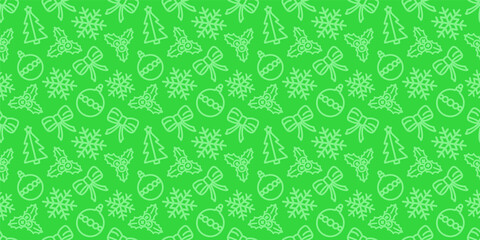 Christmas seamless pattern. New year vector texture. Festive seamless green background with xmas icons. Holiday wrapping paper ornament. Christmas bells, socks and trees in fabric repeatable design