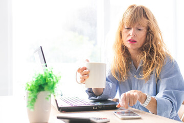 business woman working with computer and calculator at home or office
