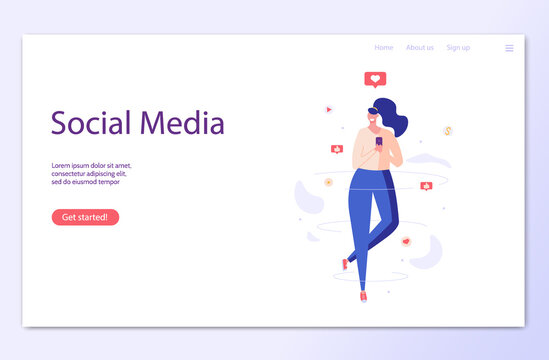 Woman flying, work in smm. Concept of work online, remote work, social media marketing, social network, modern trends, creativity, mobile marketing, like and repost. Vector illustration in flat design