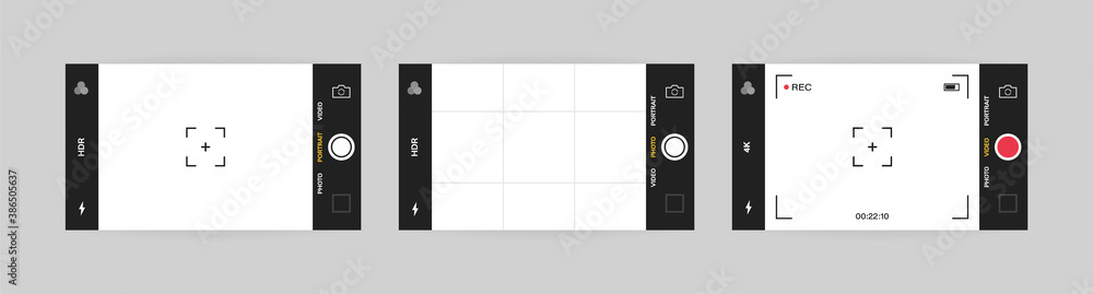 Wall mural phone camera interface horizontal view. mobile app application. photo and video shooting. vector ill