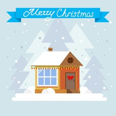 Fototapeta na wymiar Merry Christmas and Happy New Year greeting card. Winter holidays landscape with snow covered village. Holidays vector illustration