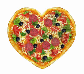 There is a heart shaped pizza. White background. Isolated.