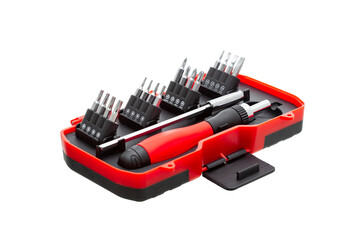 a set of working tools with a screwdriver and bits for repair in an open plastic box with iron...