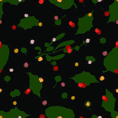 Mistletoe leaves and holly with berries. Christmas background. Seamless vector pattern.