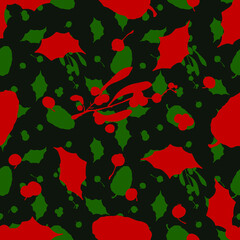 Mistletoe leaves and holly with berries and cones. Christmas background. Seamless vector pattern.