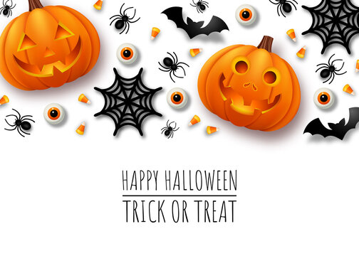 Halloween banner with holiday party decorations. Jack O' Lantern pumpkins, bats, spiders and candies. Vector illustration. 