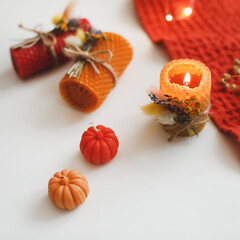 Autumn, fall still life. Hygge lifestyle, cozy home decor. Happy Thanksgiving, Halloween background. Flat lay, top view