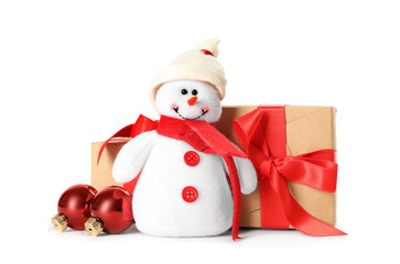 Cute snowman toy, gift boxes and red Christmas balls isolated on white
