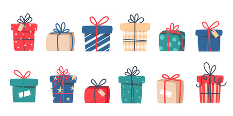 Set of Christmas gifts, New Year presents, gift boxes with ribbons, vector illustration in flat style