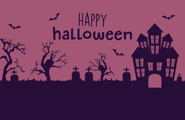 Happy halloween design with horror castle and cemetery silhouette