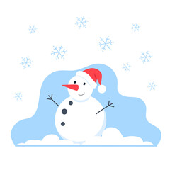 Snowman in Christmas hat, vector cute cartoon illustration in flat style