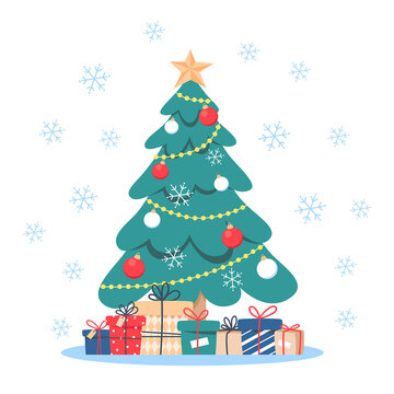 Christmas tree with gifts, vector illustration in flat cartoon style
