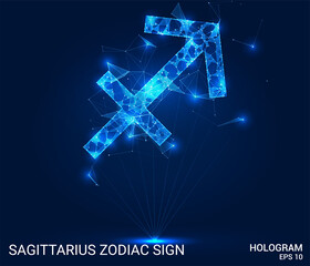 Hologram of Sagittarius zodiac sign. Sagittarius is a zodiac sign made up of polygons, triangles, points, and lines. Sagittarius zodiac sign low poly compound structure. The technology concept.