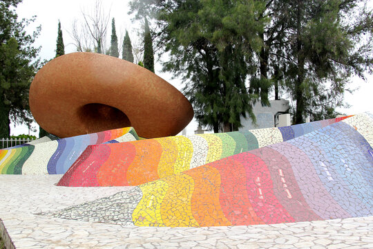 famous tomb of jose alfredo jimenez shaped like a charro hat and colored zarape in dolores hidalgo guanajuato