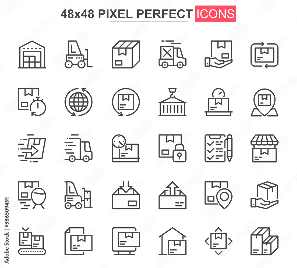 Aufkleber Delivery service thin line icon set. Logistics and shipping outline pictograms for website and mobile app GUI. Express delivery simple UI, UX vector icons. 48x48 pixel perfect pictogram pack.