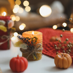 Autumn, fall still life. Hygge lifestyle, cozy home decor. Happy Thanksgiving, Halloween background. Flat lay, top view