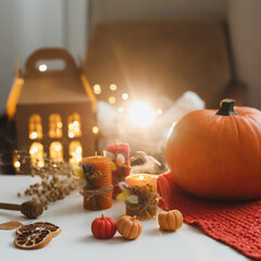 Autumn, fall still life. Hygge lifestyle, cozy home decor. Happy Thanksgiving, Halloween background. Flat lay, top view