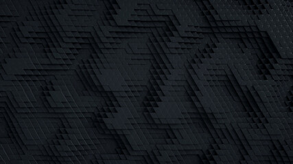 Dark wall of triangles. Black 3D rendering backgroud.