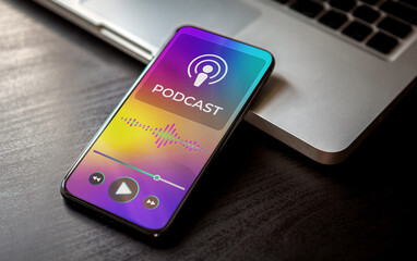 Podcast Streaming Mobile App Concept with smartphone showing microphone, play bar icons. Enjoy...