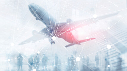 Blockchain network on blurred skyscrapers background. Financial technology and communication concept.