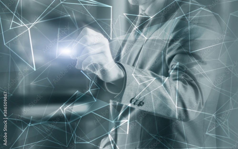 Poster concept of network internet communication. 3d line. engineer in the server room.