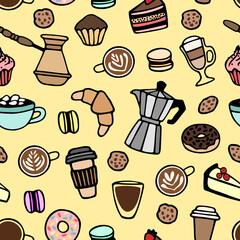 Vector seamless pattern with different coffee and dessert elements. Cute hand drawn design for wrapping paper, wallpaper, textile