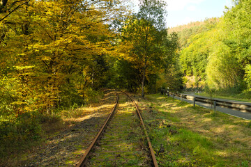 Stillgelegte Bahnlinie Brexbachtalbahn im Westerwald bei Höhr-Grenzhausen in Rheinland-Pfalz - Stockfoto