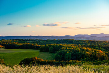 View at Sudetes Mountains in sunset time in autumn.