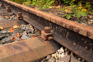 Detailaufnahme von verrostetem Gleis einer stillgelegten Bahnstrecke - Stockfoto