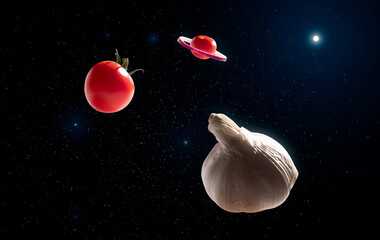 Universe of vegetables that look like planets in space. Tomatoes, onions and garlic, Mediterranean...