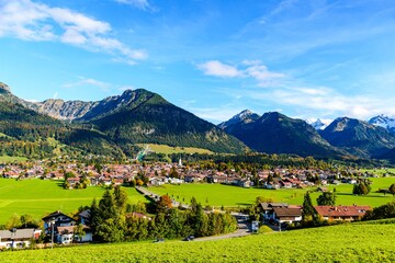 Panorama view on Obersdorf in Allgau, Bavaria, Bayern,  Germany. Alps Mountains in Tyrol, Austria.