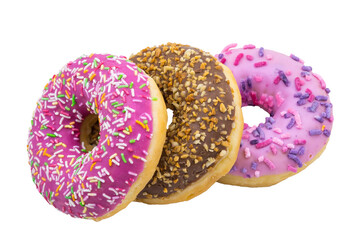 Pink and brown doughnut. Walnut donut on a white background.