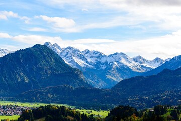Fototapeta na wymiar Panorama view on Obersdorf in Allgau, Bavaria, Bayern, Germany. Alps Mountains in Tyrol, Austria.