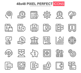 Obraz na płótnie Canvas Online banking thin line icon set. Credit card payment outline pictograms for website and mobile app GUI. Financial services simple UI, UX vector icons. 48x48 pixel perfect pictogram pack.