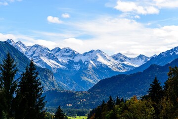 Panorama view on Obersdorf in Allgau, Bavaria, Bayern,  Germany. Alps Mountains in Tyrol, Austria.