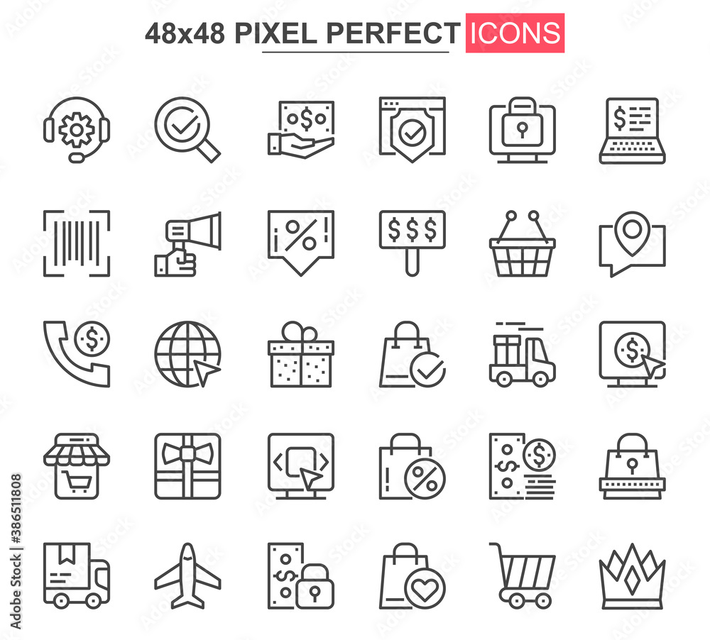 Aufkleber E-commerce thin line icon set. Online shopping outline pictograms for website and mobile app GUI. Order, payment and delivery simple UI, UX vector icons. 48x48 pixel perfect pictogram pack.